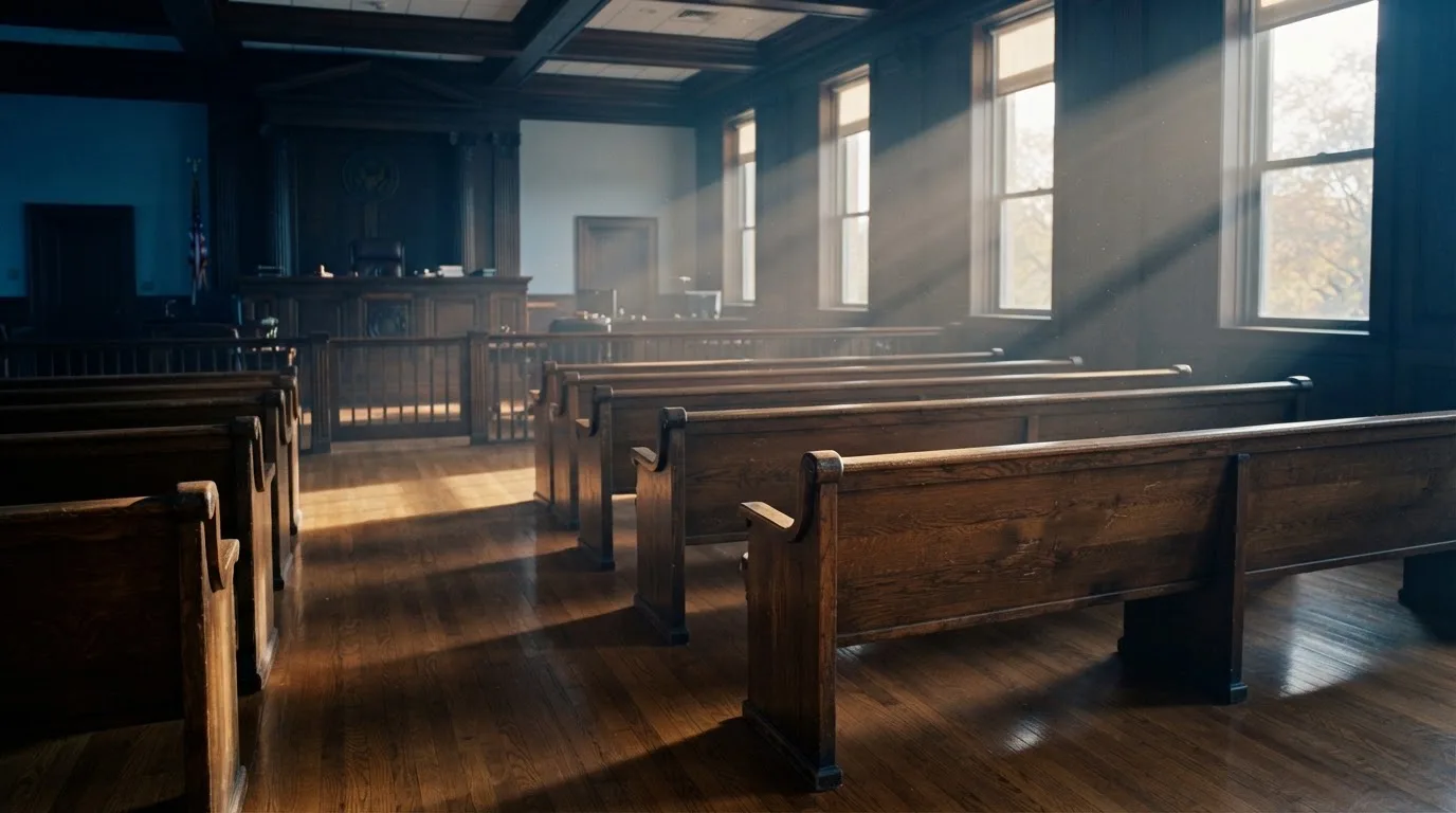 Una sala de tribunal vacía con bancos de madera a la luz de la mañana