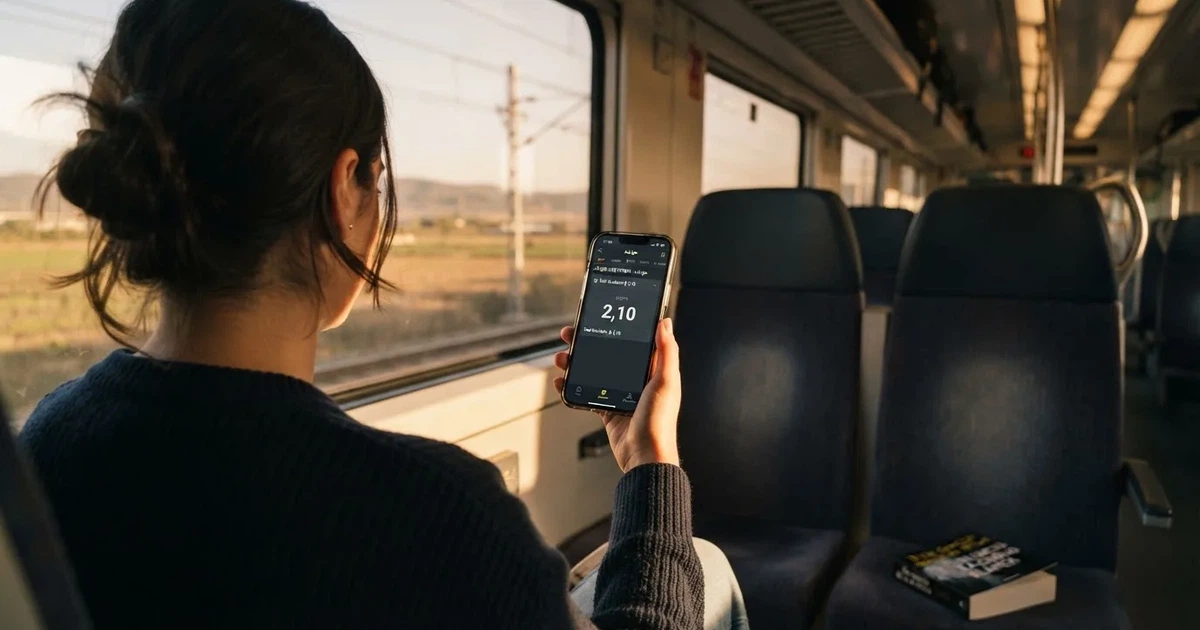Una mano sostiene un móvil en el tren por la tarde, con la pantalla girada