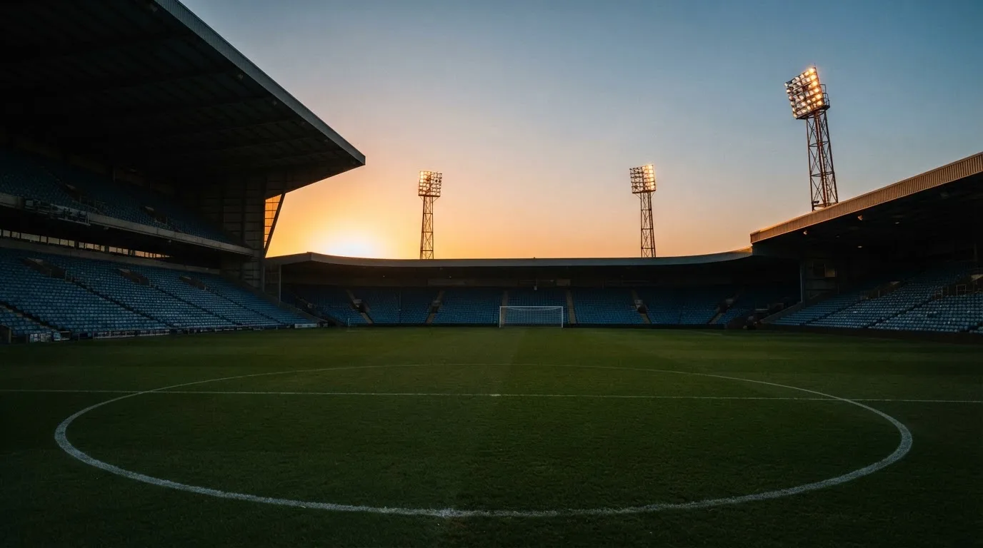 Un estadio de fútbol vacío con torres de iluminación al atardecer