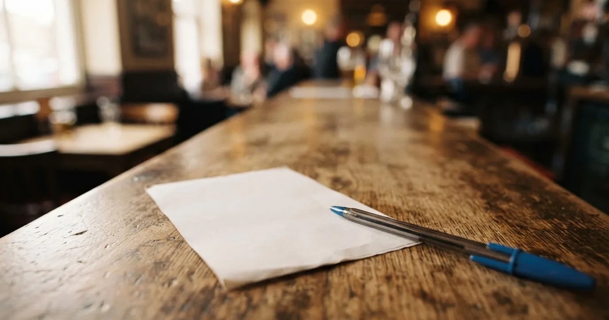 Un boleto de papel en blanco junto a un bolígrafo sobre un mostrador de madera