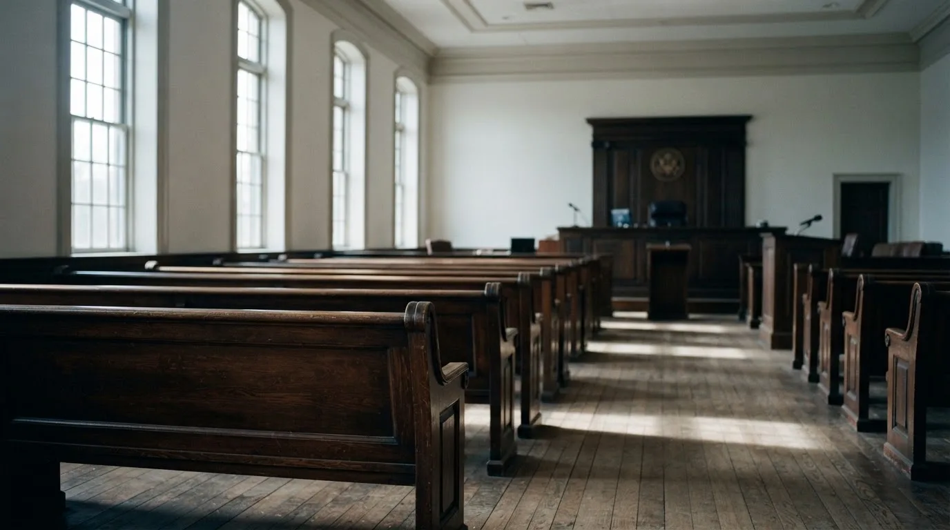 Una sala de tribunal vacía con bancos de madera a la luz de la mañana