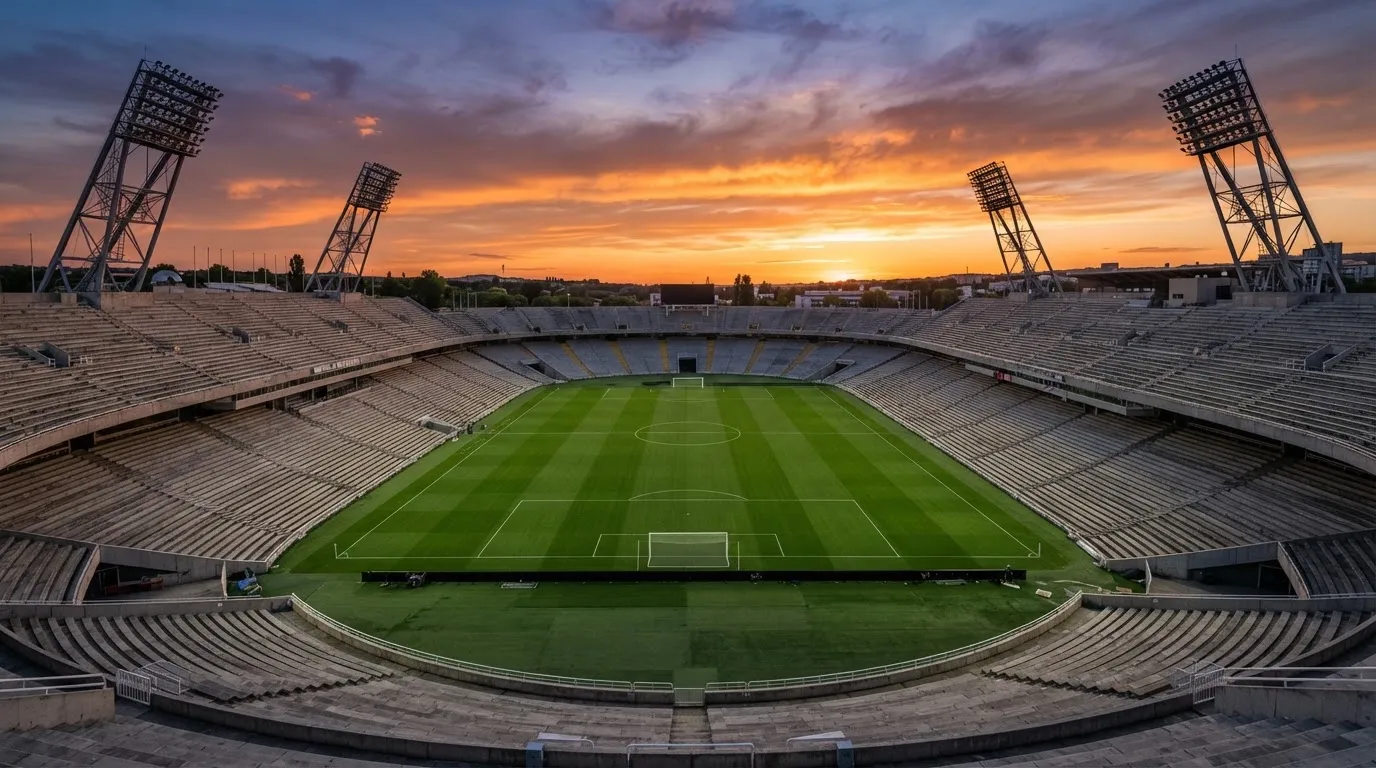 Un estadio de fútbol vacío con torres de iluminación al atardecer