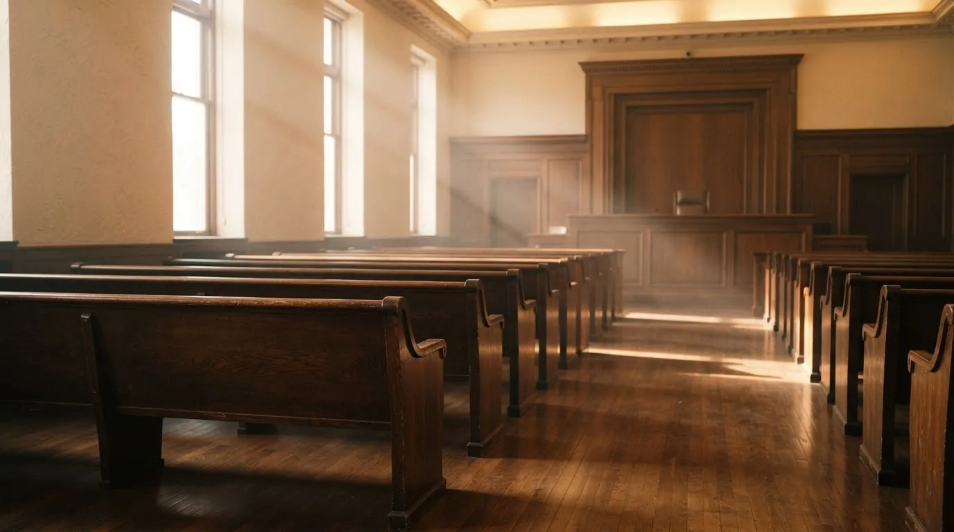 Una sala de tribunal vacía con bancos de madera a la luz de la mañana