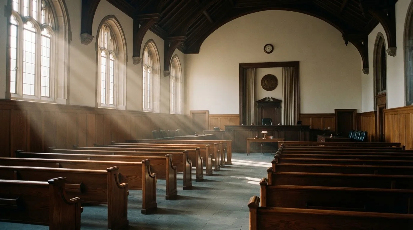 Una sala de tribunal vacía con bancos de madera a la luz de la mañana