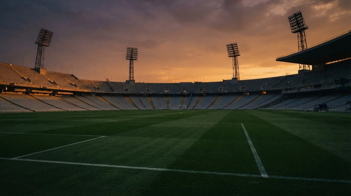Un estadio de fútbol vacío con torres de iluminación al atardecer