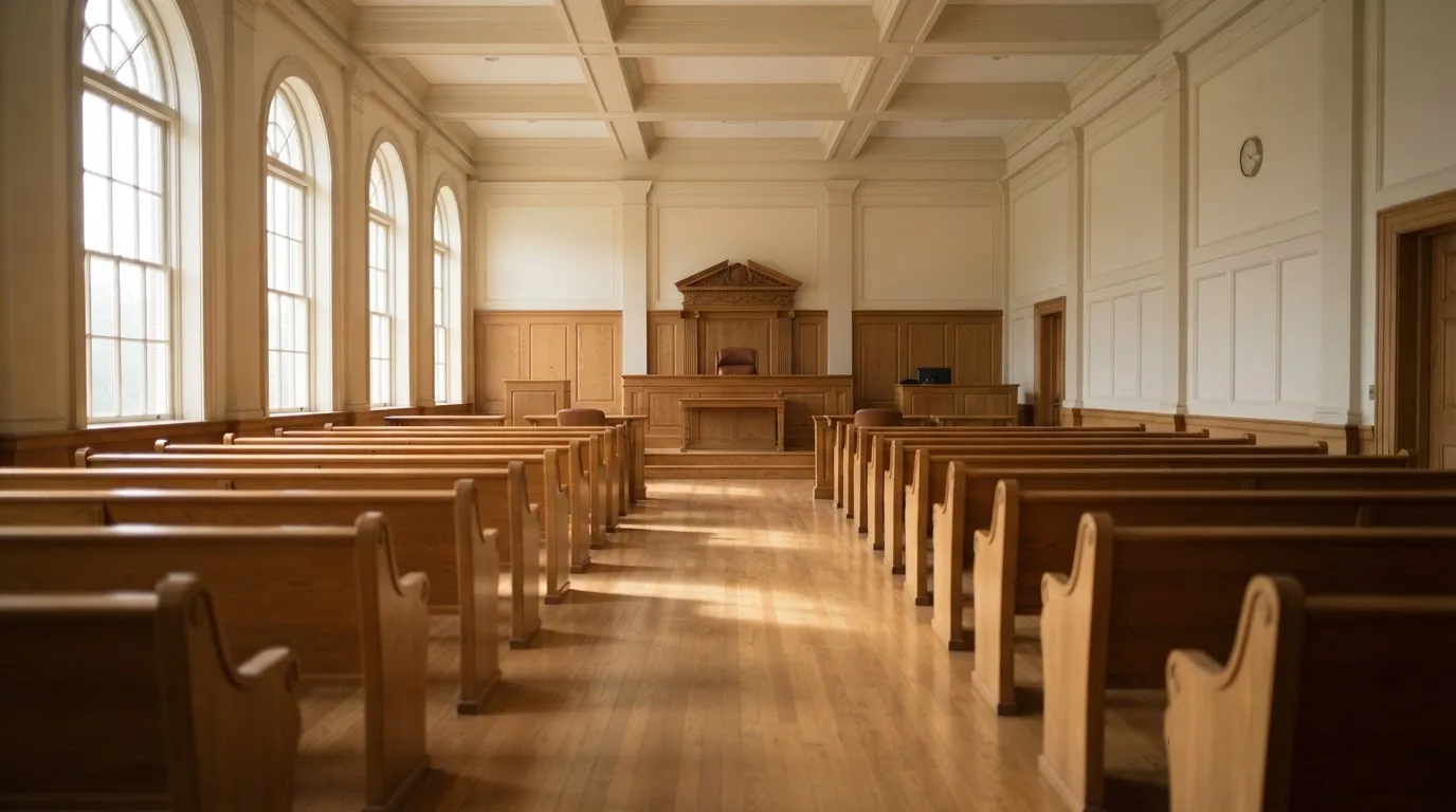 Una sala de tribunal vacía con bancos de madera a la luz de la mañana