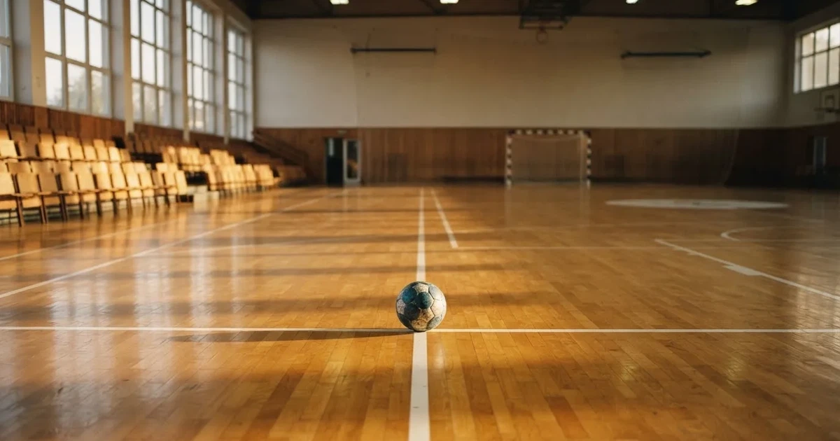 Un balón en el punto central de un campo de césped a la luz de la mañana