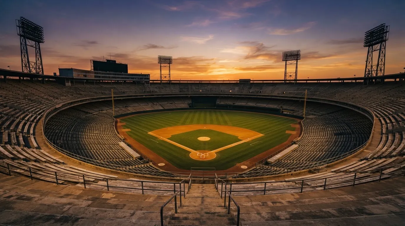 Un estadio de fútbol vacío con torres de iluminación al atardecer