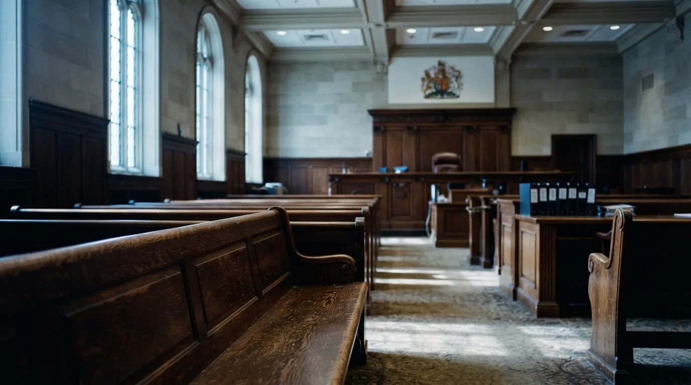 Una sala de tribunal vacía con bancos de madera a la luz de la mañana