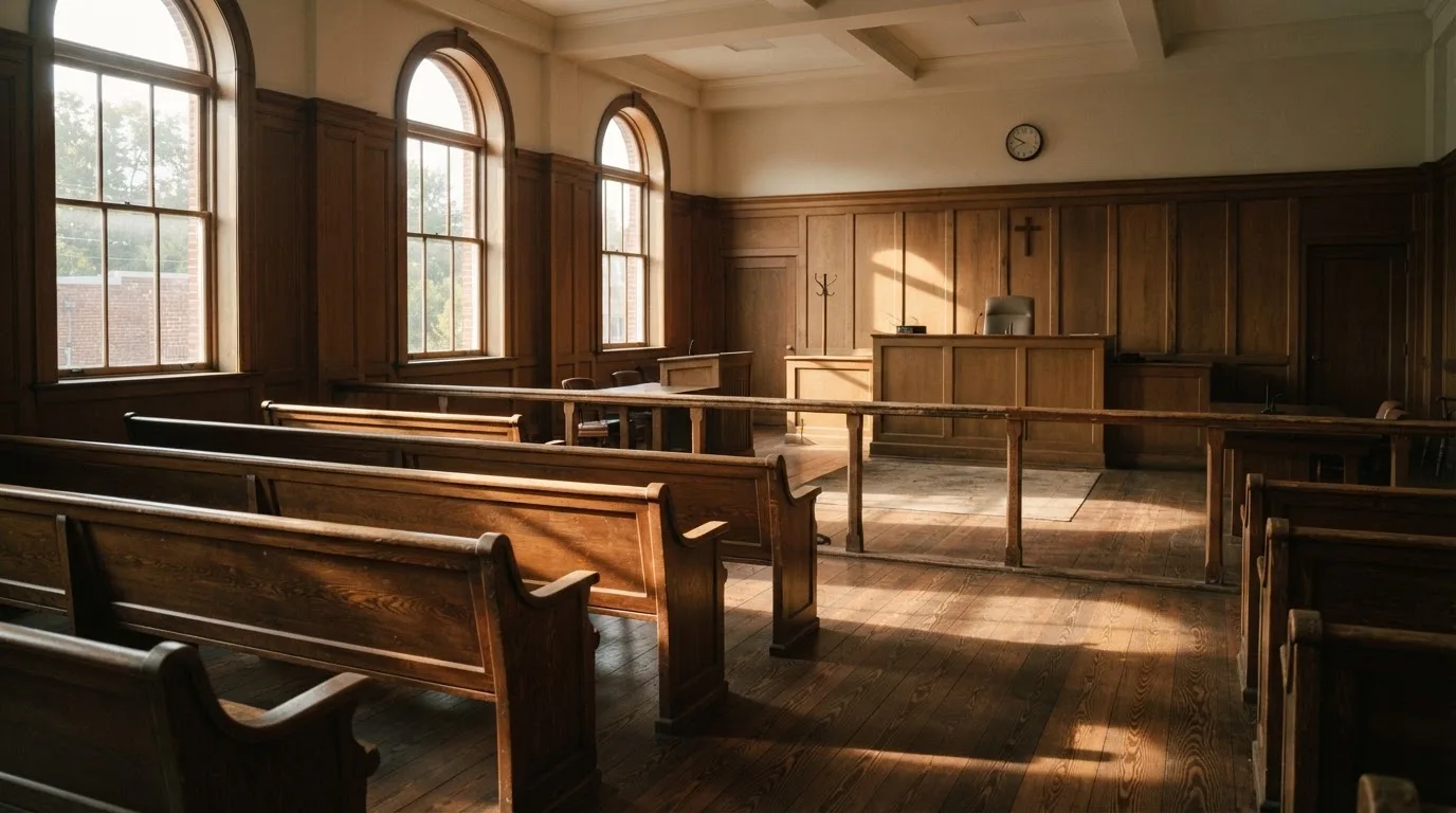 Una sala de tribunal vacía con bancos de madera a la luz de la mañana