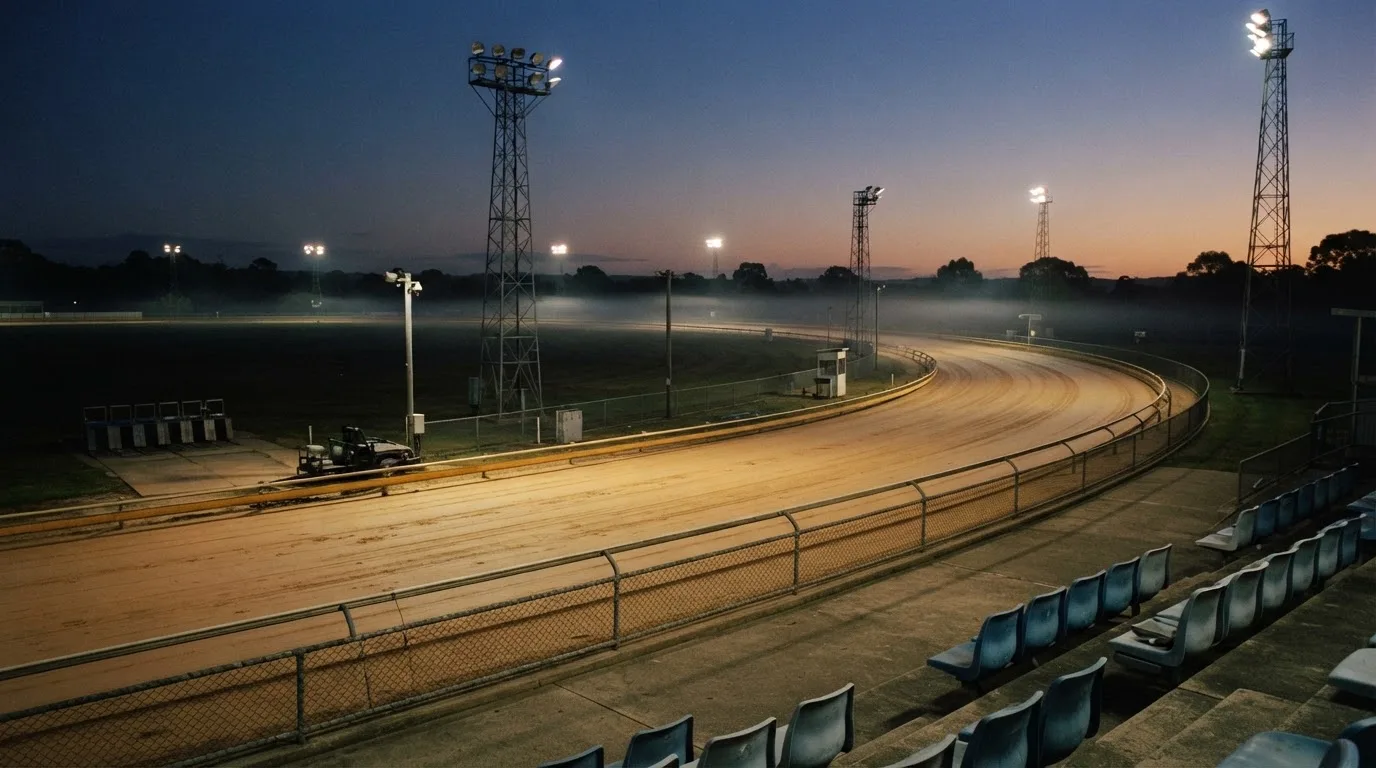 Un estadio de fútbol vacío con torres de iluminación al atardecer