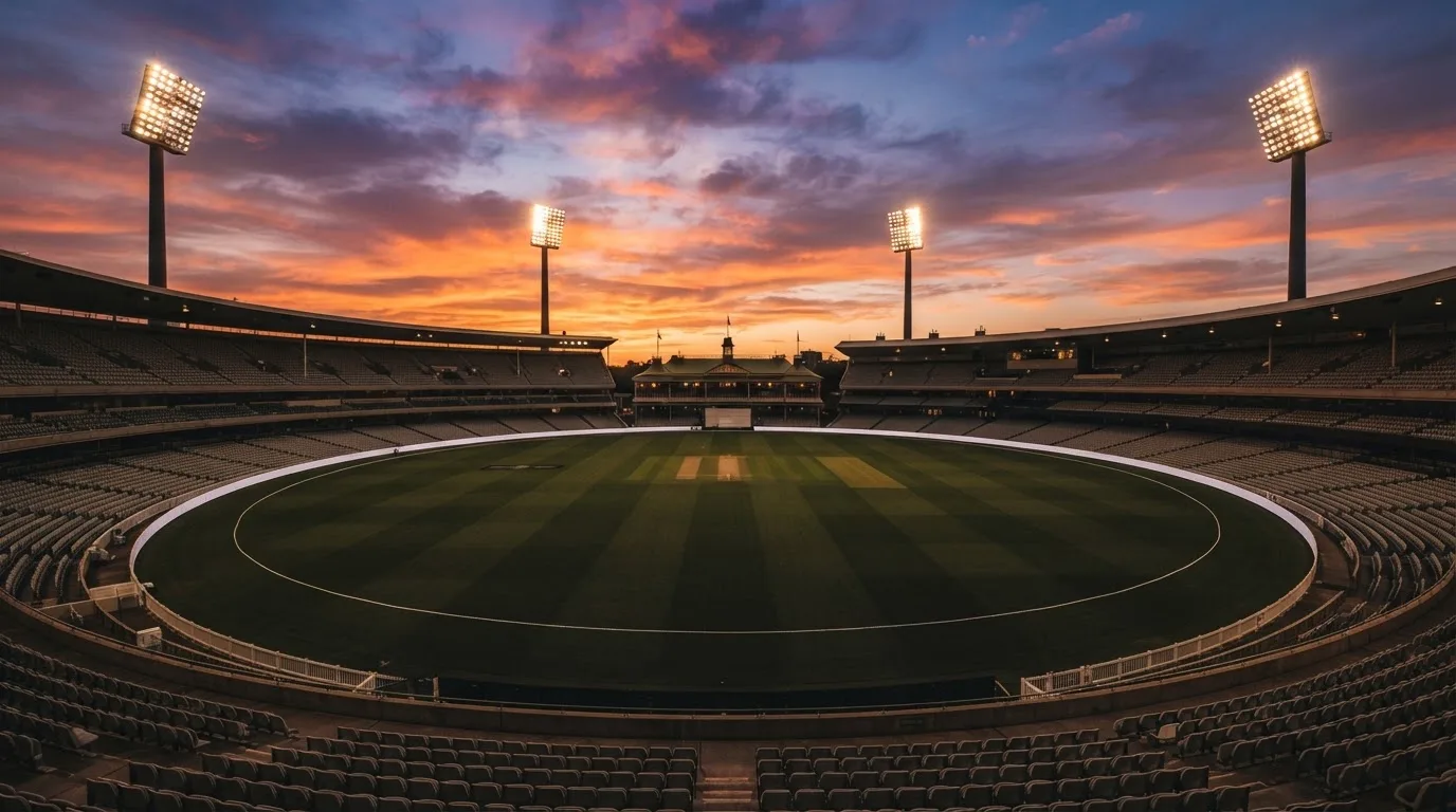 Un estadio de fútbol vacío con torres de iluminación al atardecer
