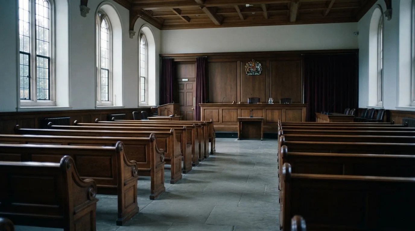 Una sala de tribunal vacía con bancos de madera a la luz de la mañana