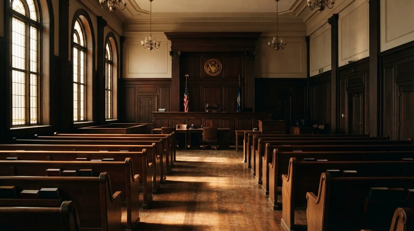 Una sala de tribunal vacía con bancos de madera a la luz de la mañana