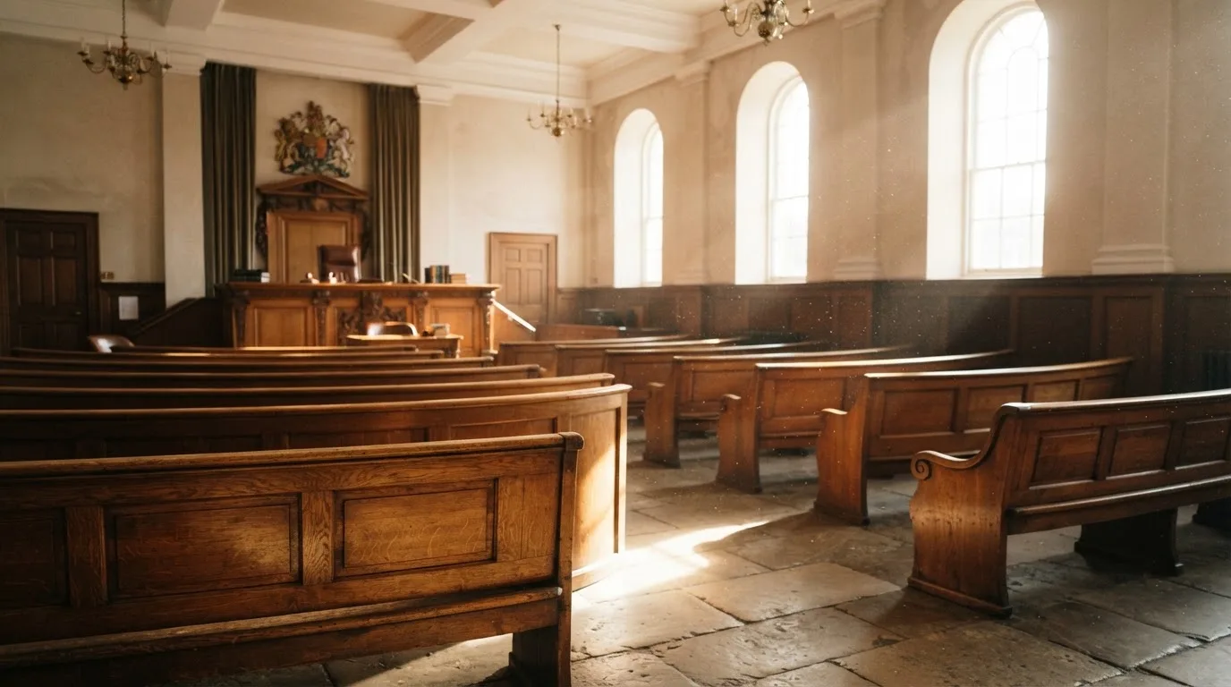 Una sala de tribunal vacía con bancos de madera a la luz de la mañana