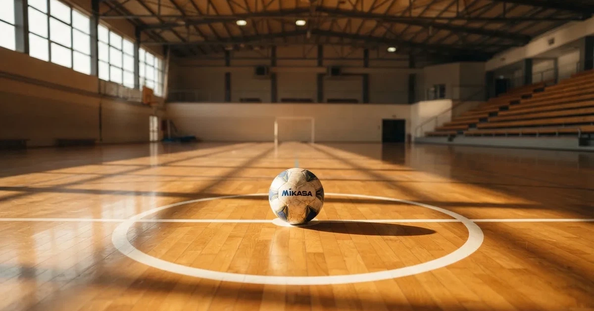 Un balón en el punto central de un campo de césped a la luz de la mañana