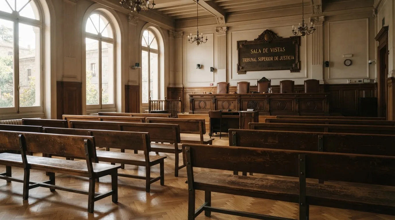 Una sala de tribunal vacía con bancos de madera a la luz de la mañana