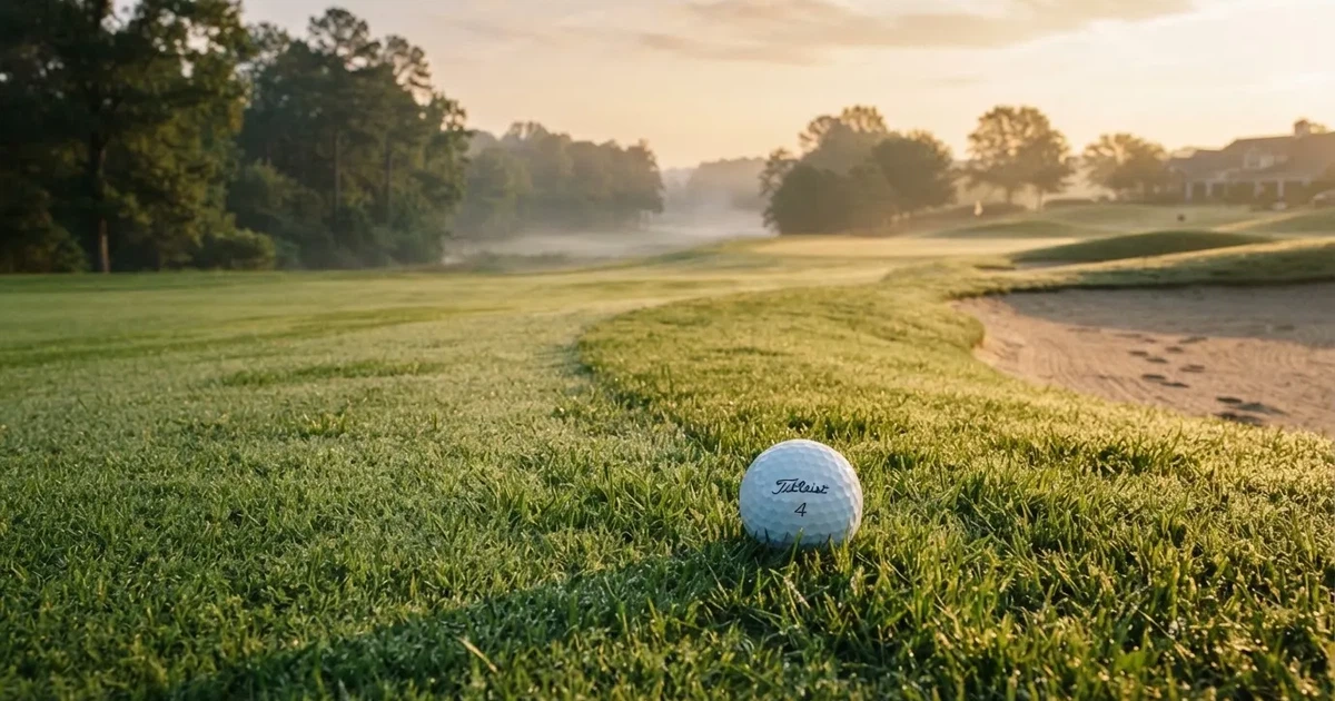 Un balón en el punto central de un campo de césped a la luz de la mañana
