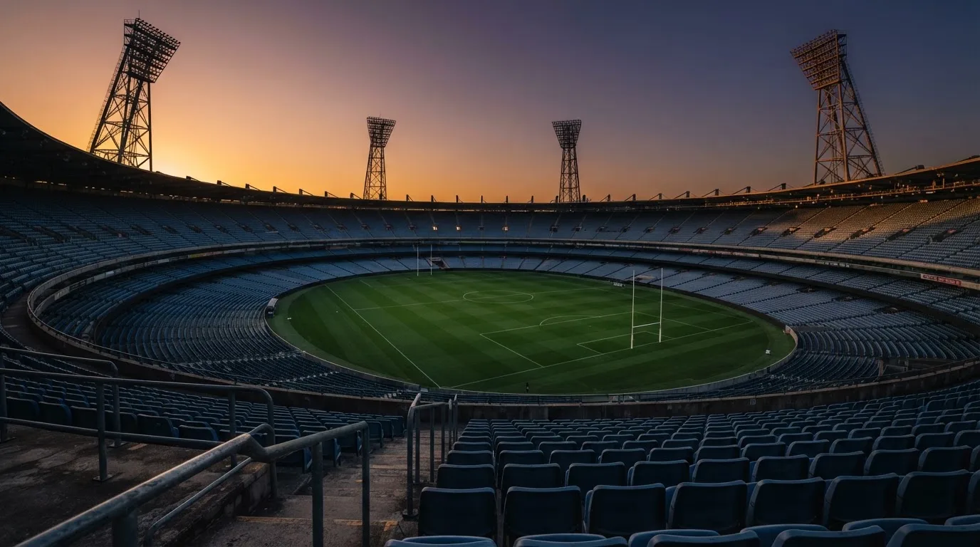 Un estadio de fútbol vacío con torres de iluminación al atardecer