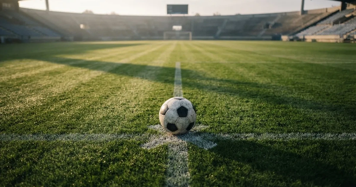 Un balón en el punto central de un campo de césped a la luz de la mañana