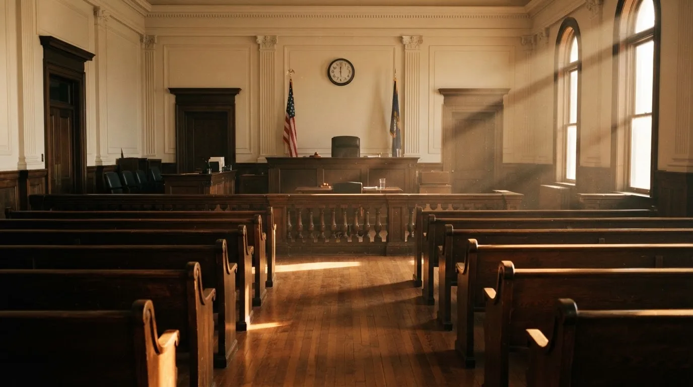 Una sala de tribunal vacía con bancos de madera a la luz de la mañana
