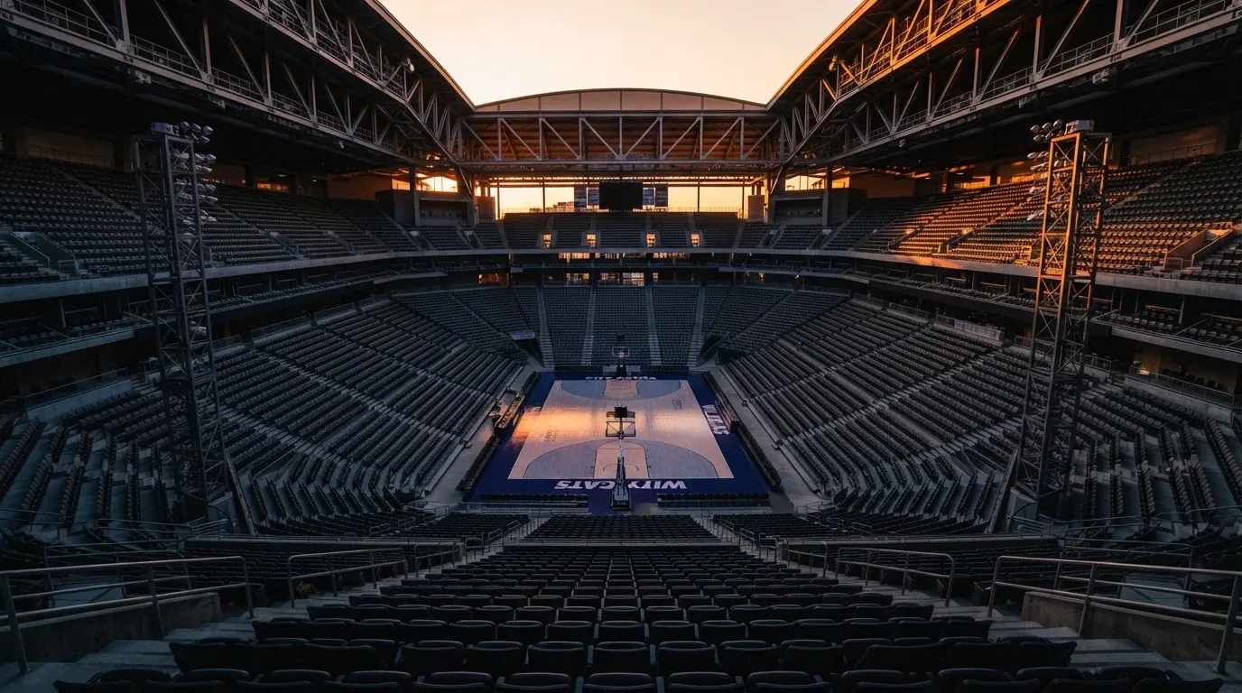 Un estadio de fútbol vacío con torres de iluminación al atardecer