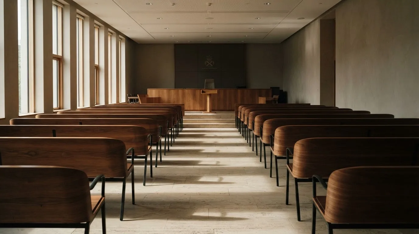 Una sala de tribunal vacía con bancos de madera a la luz de la mañana