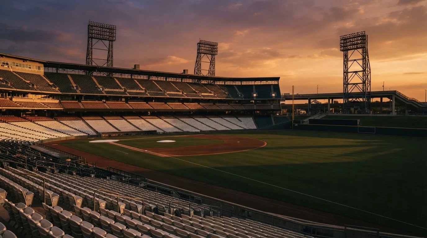 Un estadio de fútbol vacío con torres de iluminación al atardecer