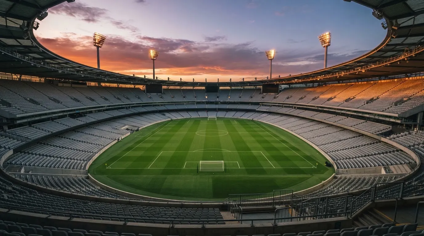 Un estadio de fútbol vacío con torres de iluminación al atardecer