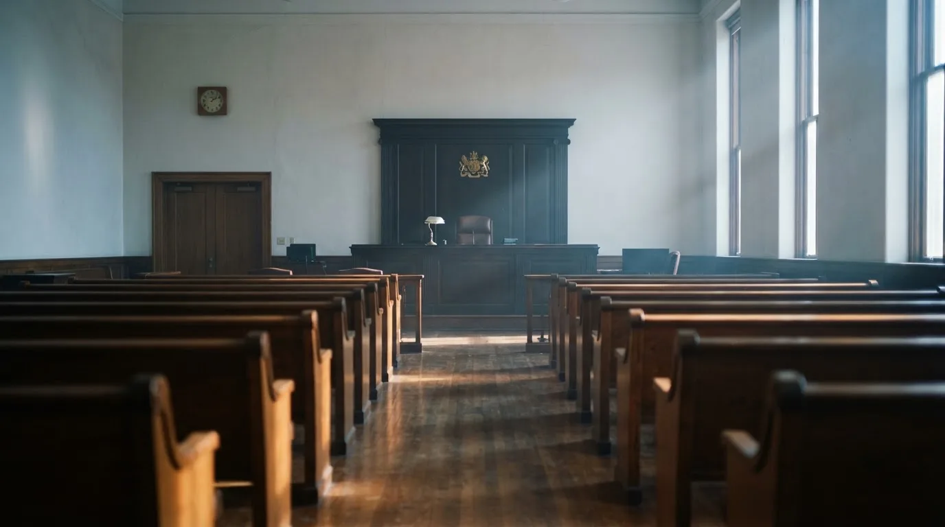 Una sala de tribunal vacía con bancos de madera a la luz de la mañana