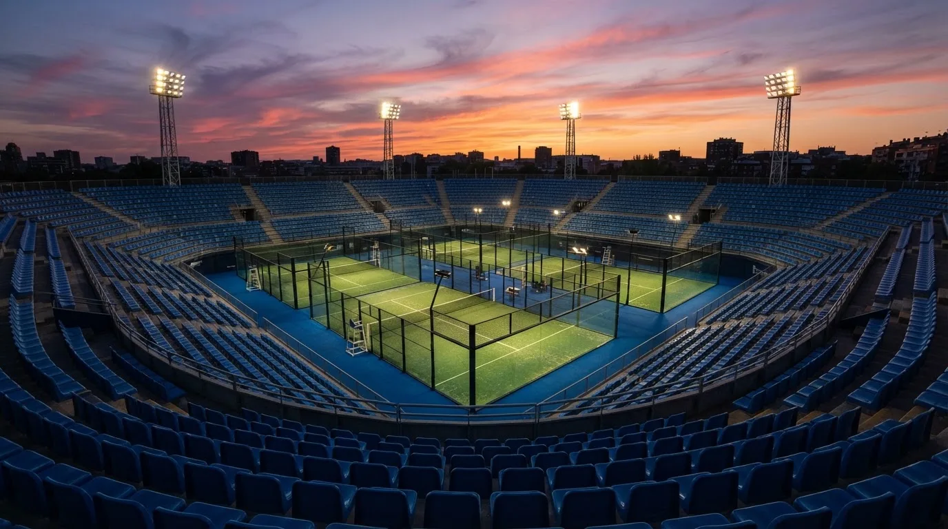 Un estadio de fútbol vacío con torres de iluminación al atardecer