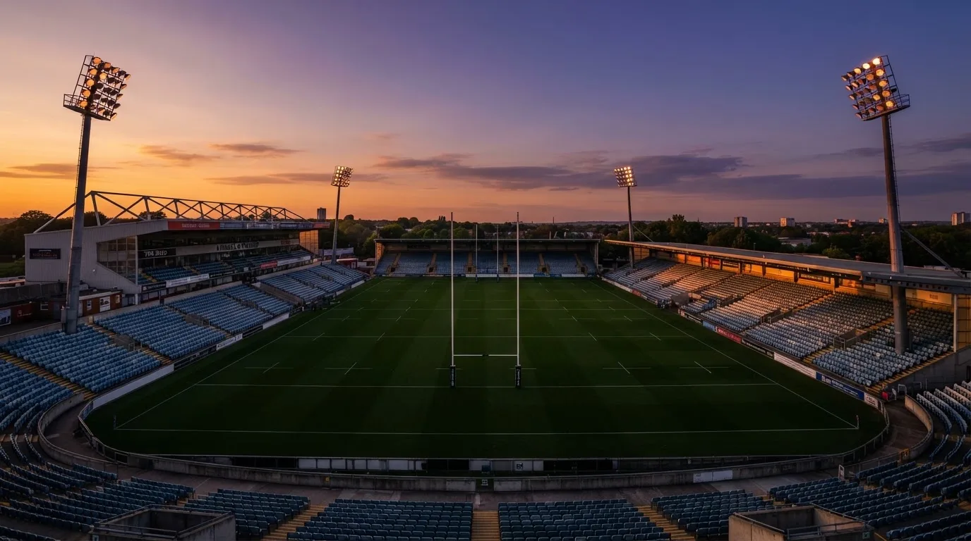 Un estadio de fútbol vacío con torres de iluminación al atardecer