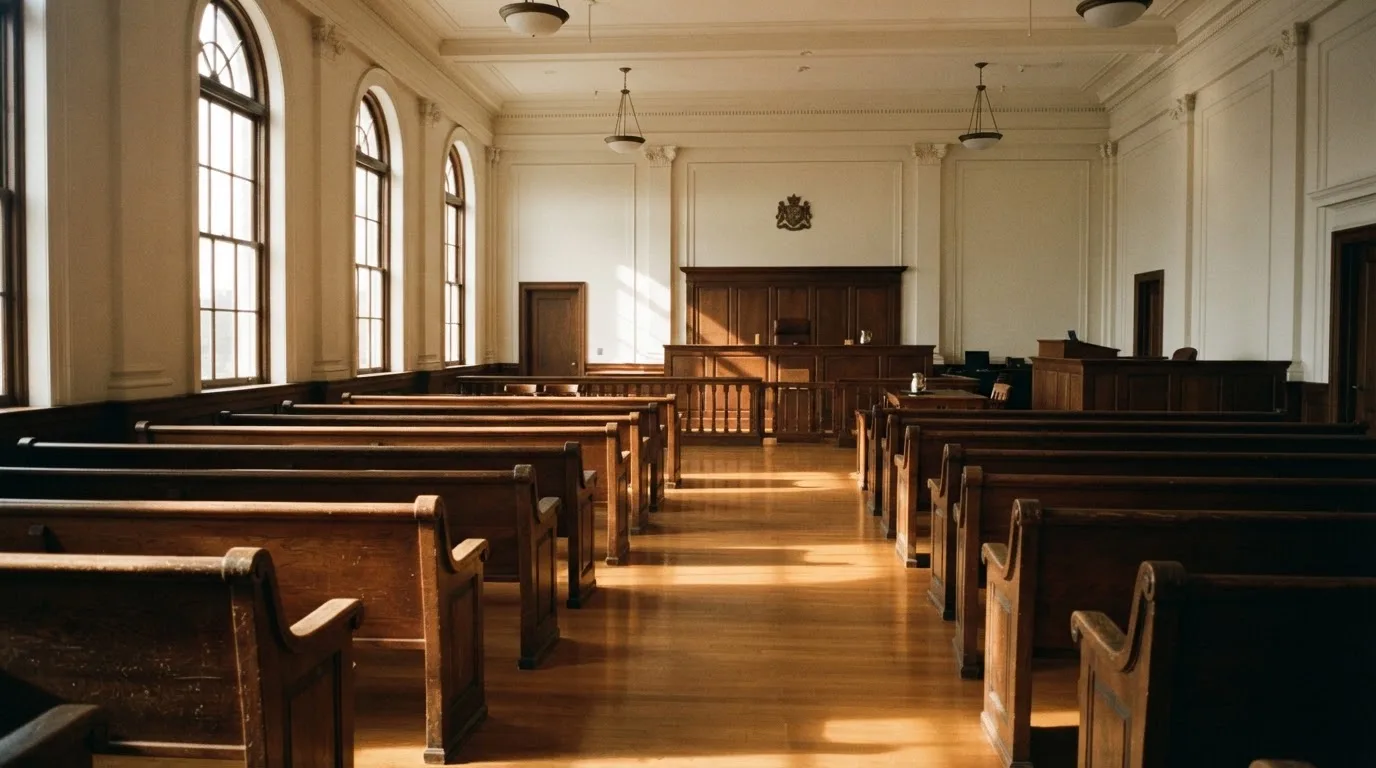 Una sala de tribunal vacía con bancos de madera a la luz de la mañana