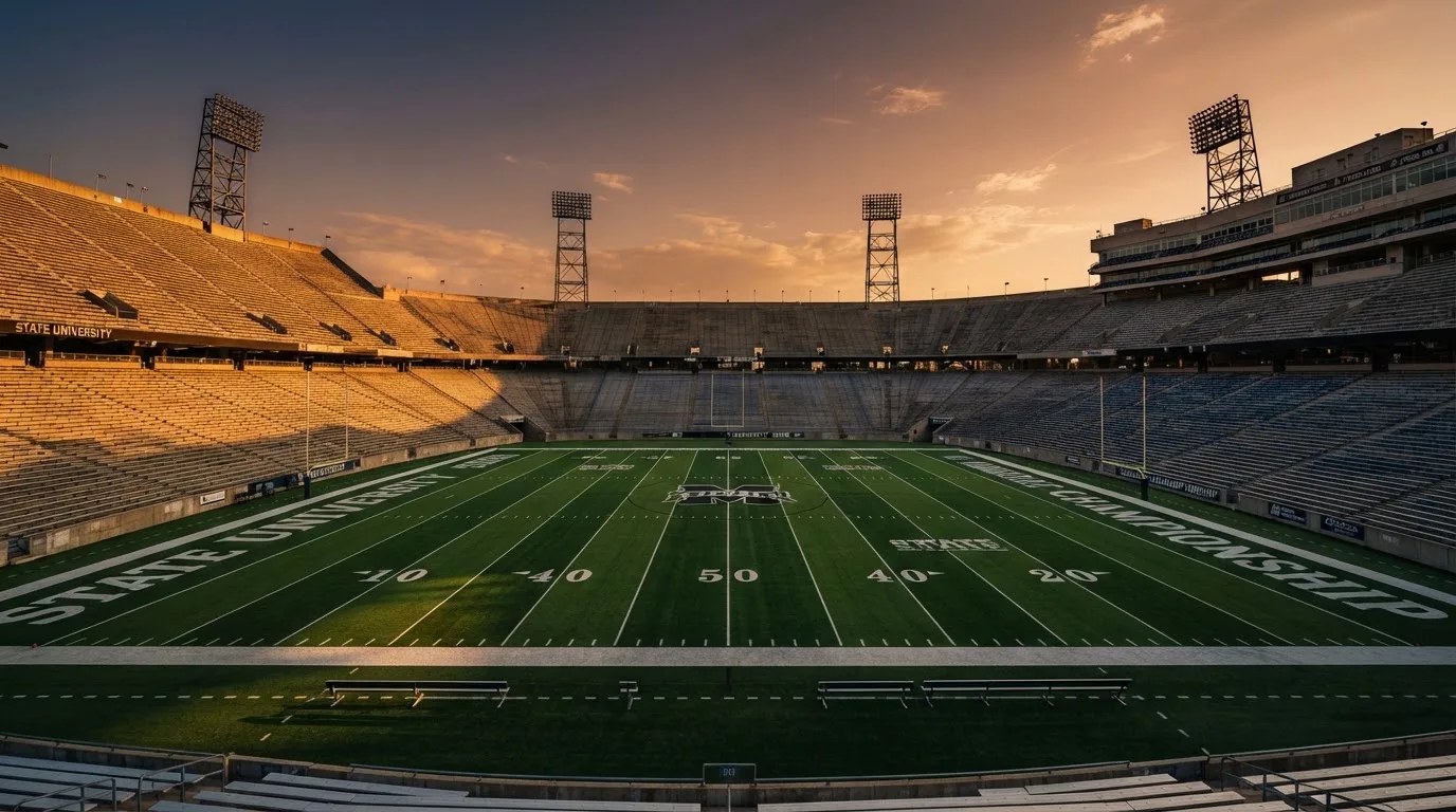 Un estadio de fútbol vacío con torres de iluminación al atardecer