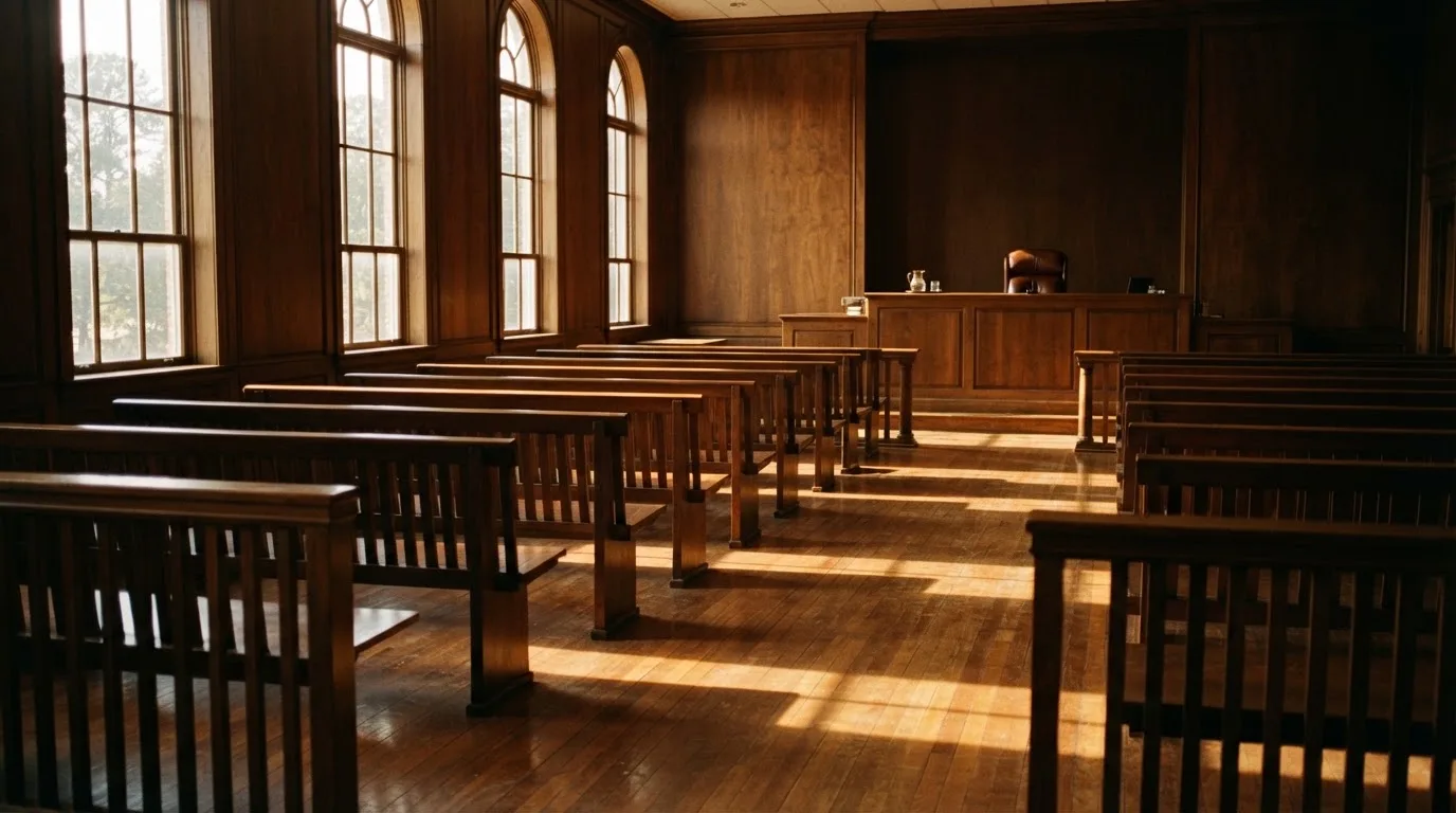 Una sala de tribunal vacía con bancos de madera a la luz de la mañana