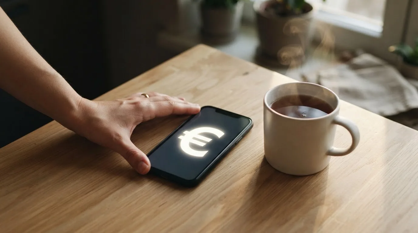 Una mano deja un móvil junto a una taza de té sobre la mesa de la cocina, una tarde tranquila