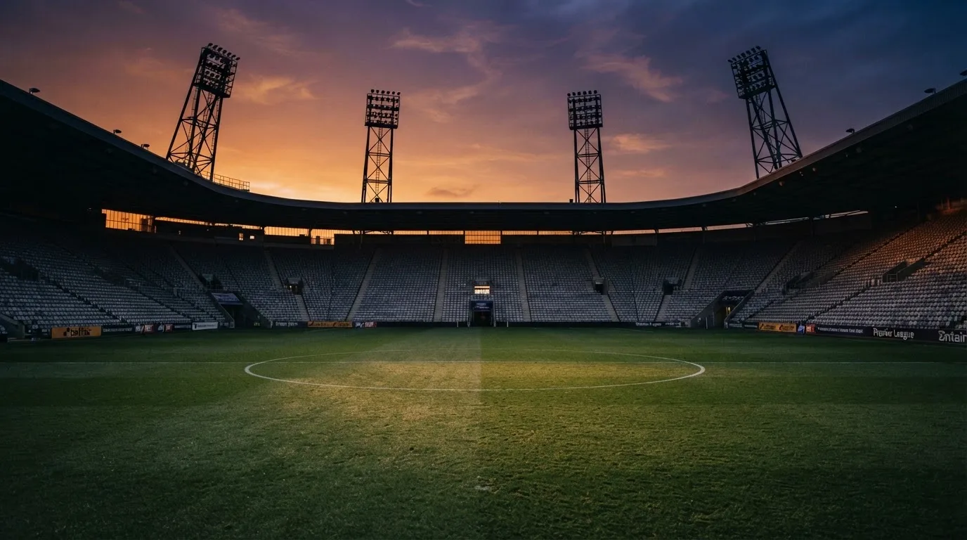 Un estadio de fútbol vacío con torres de iluminación al atardecer
