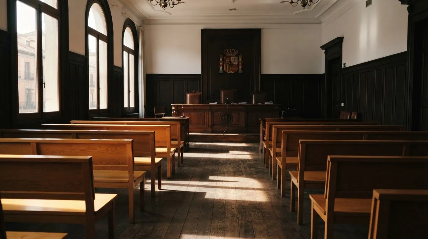 Una sala de tribunal vacía con bancos de madera a la luz de la mañana