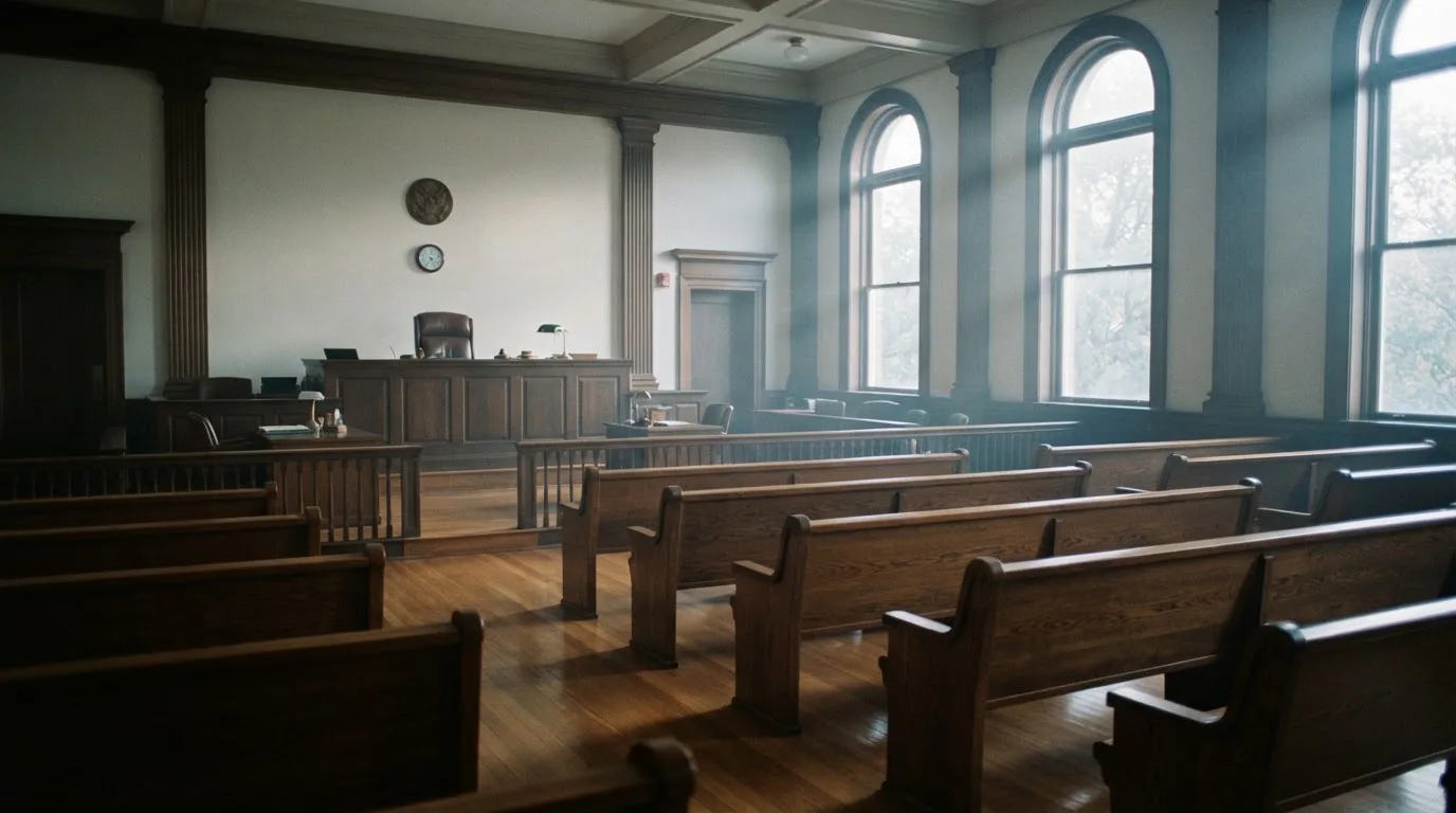 Una sala de tribunal vacía con bancos de madera a la luz de la mañana