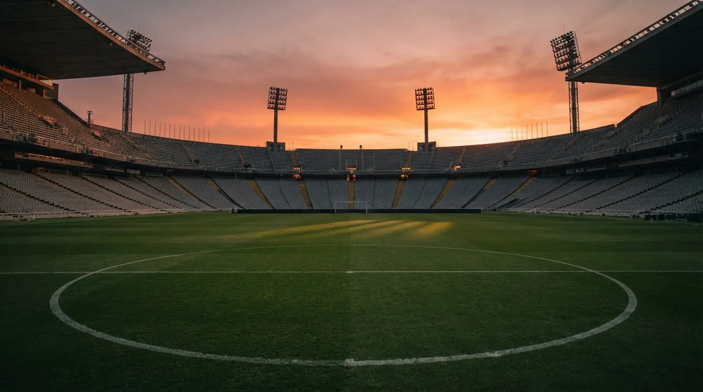 Un estadio de fútbol vacío con torres de iluminación al atardecer