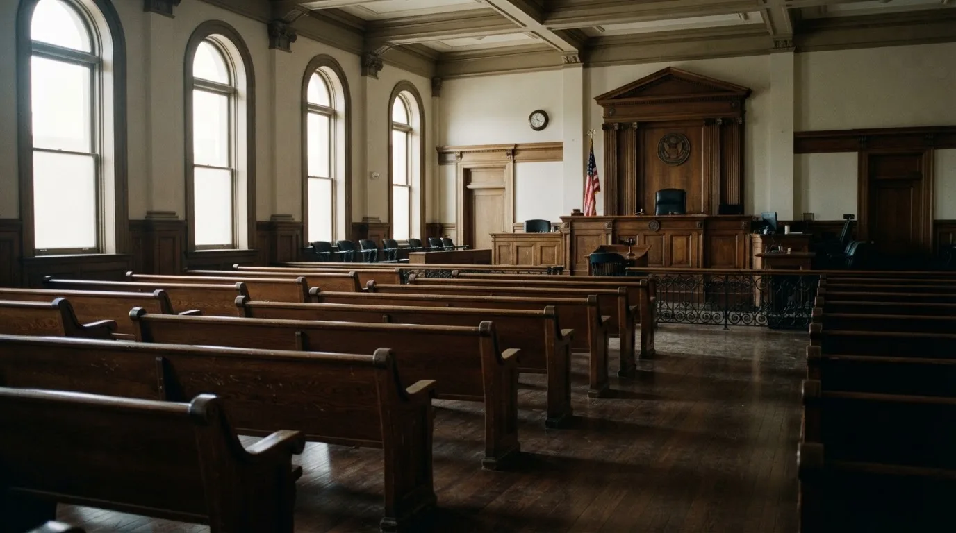 Una sala de tribunal vacía con bancos de madera a la luz de la mañana