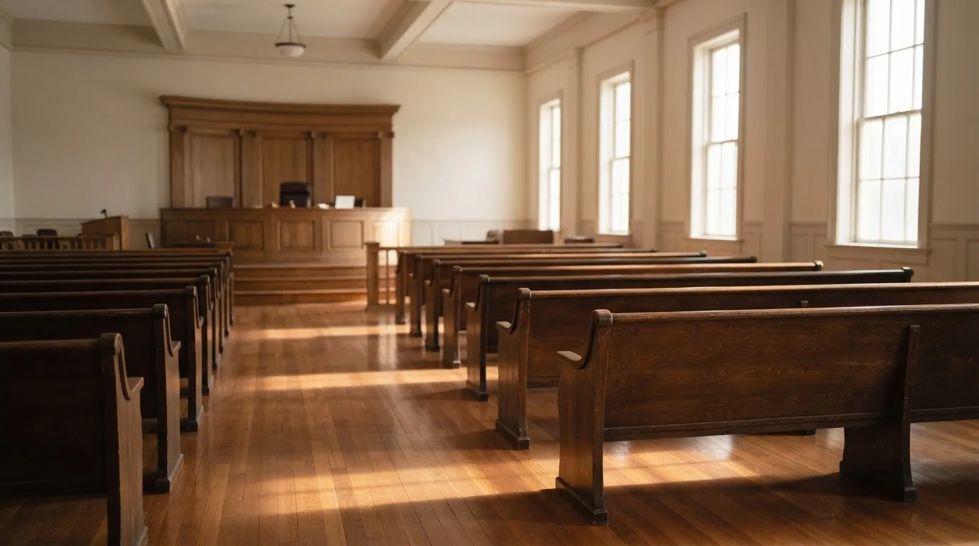 Una sala de tribunal vacía con bancos de madera a la luz de la mañana
