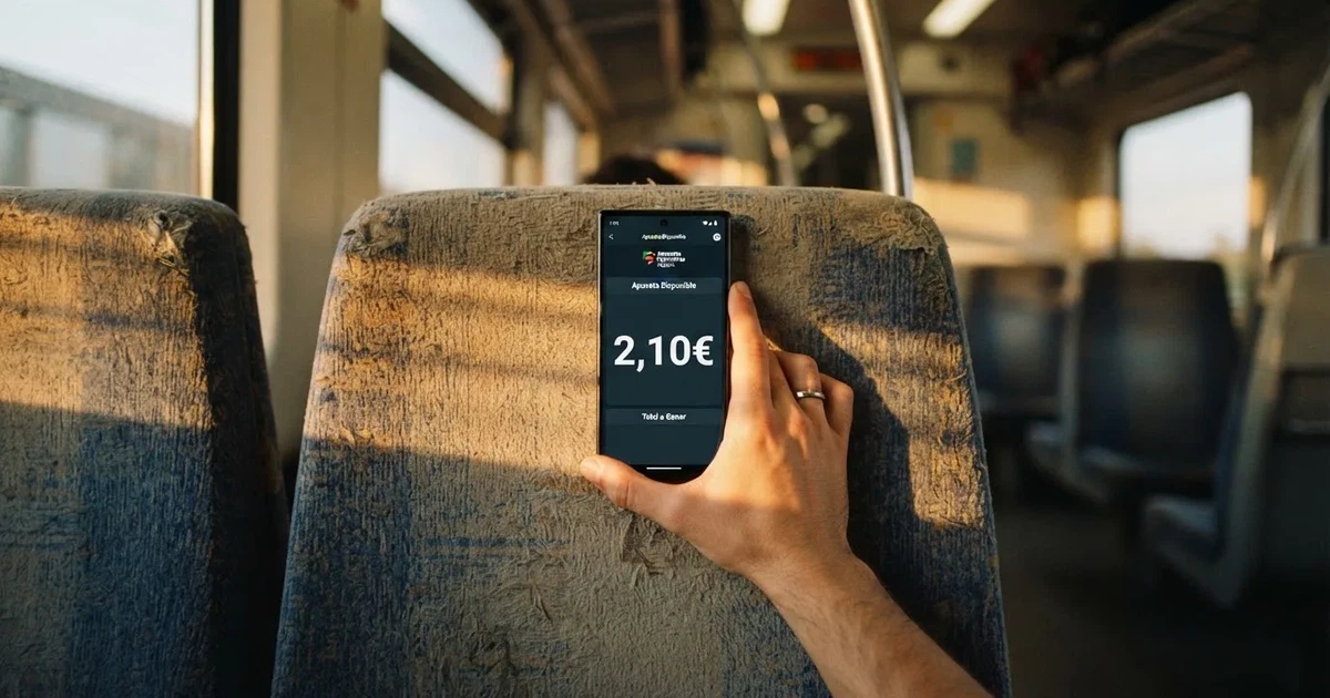 Una mano sostiene un móvil en el tren por la tarde, con la pantalla girada