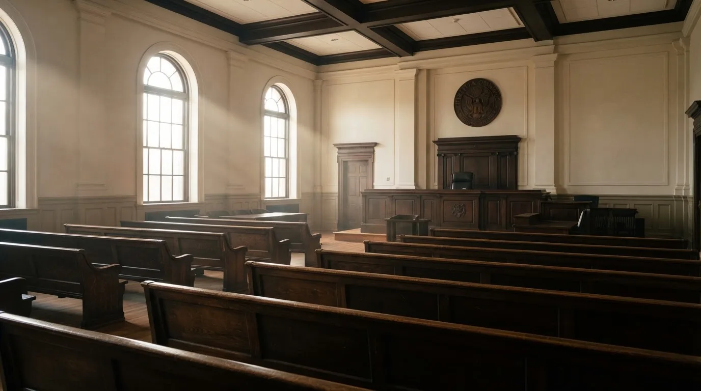 Una sala de tribunal vacía con bancos de madera a la luz de la mañana