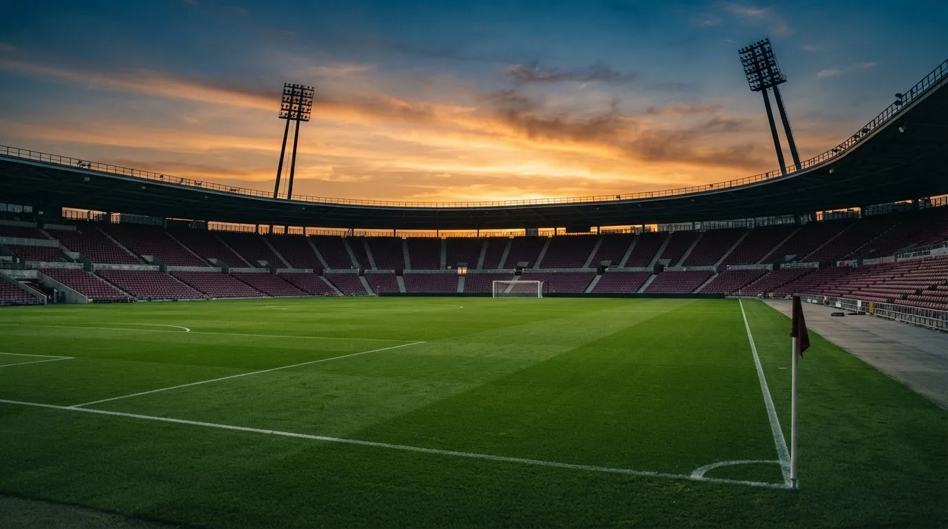 Un estadio de fútbol vacío con torres de iluminación al atardecer