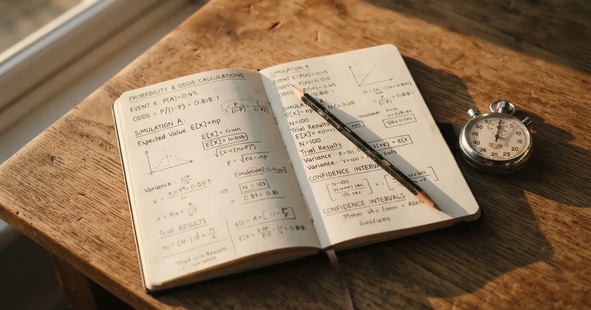 Un cuaderno abierto con un lápiz y un cronómetro sobre una mesa de madera