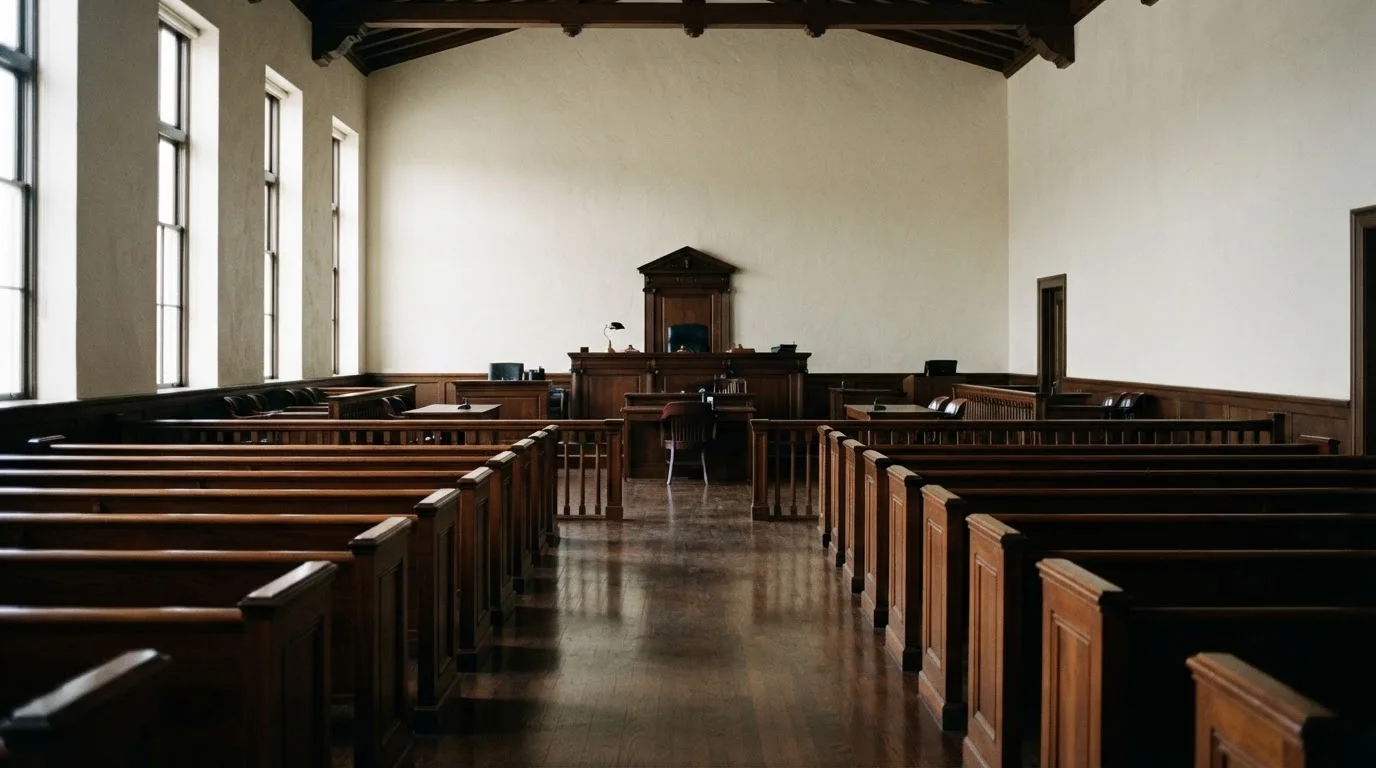 Una sala de tribunal vacía con bancos de madera a la luz de la mañana