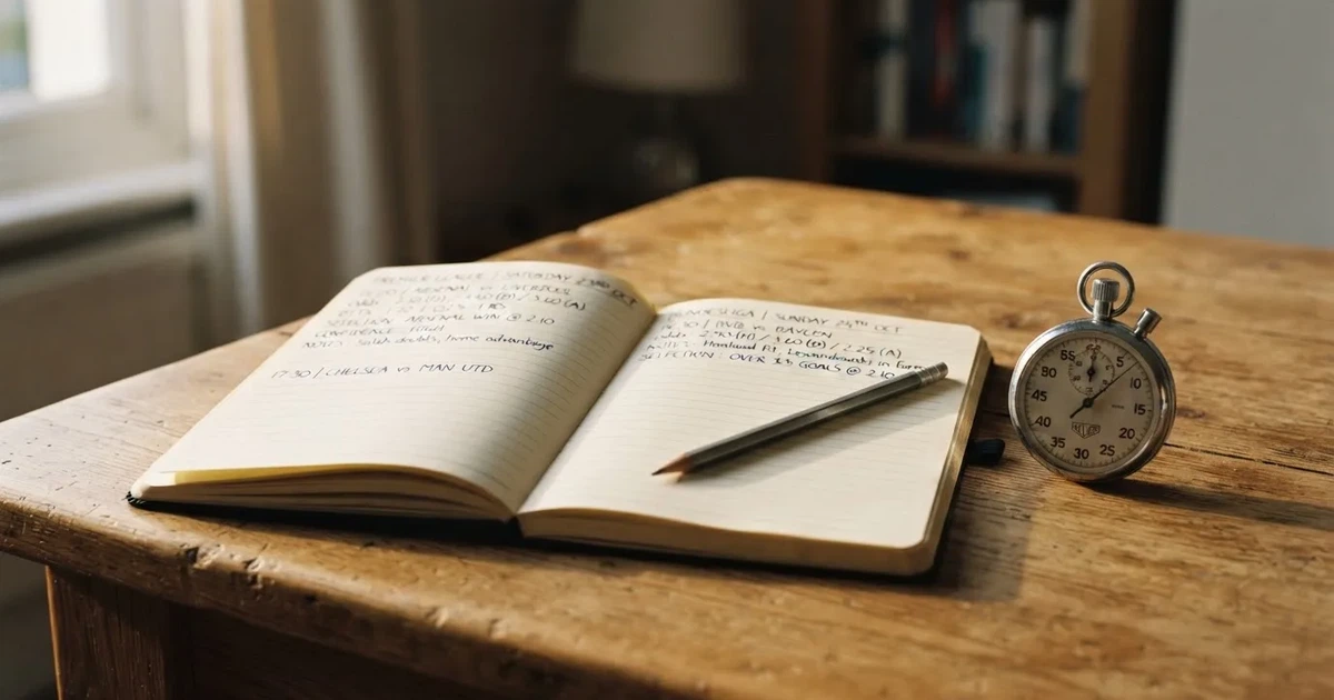 Un cuaderno abierto con un lápiz y un cronómetro sobre una mesa de madera