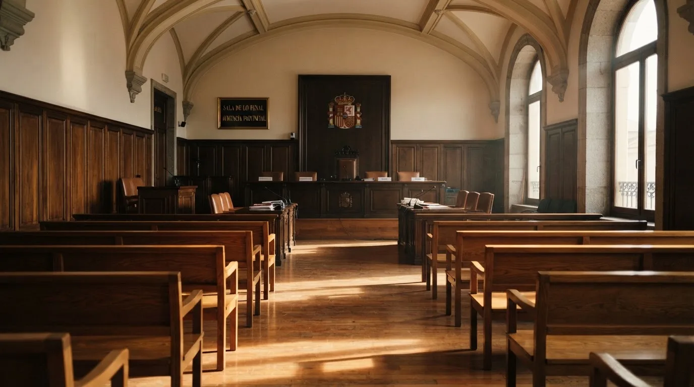 Una sala de tribunal vacía con bancos de madera a la luz de la mañana