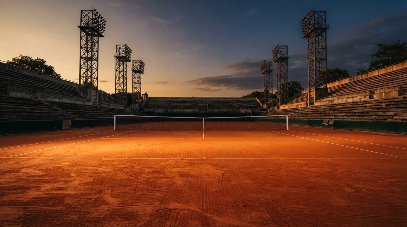 Un estadio de fútbol vacío con torres de iluminación al atardecer